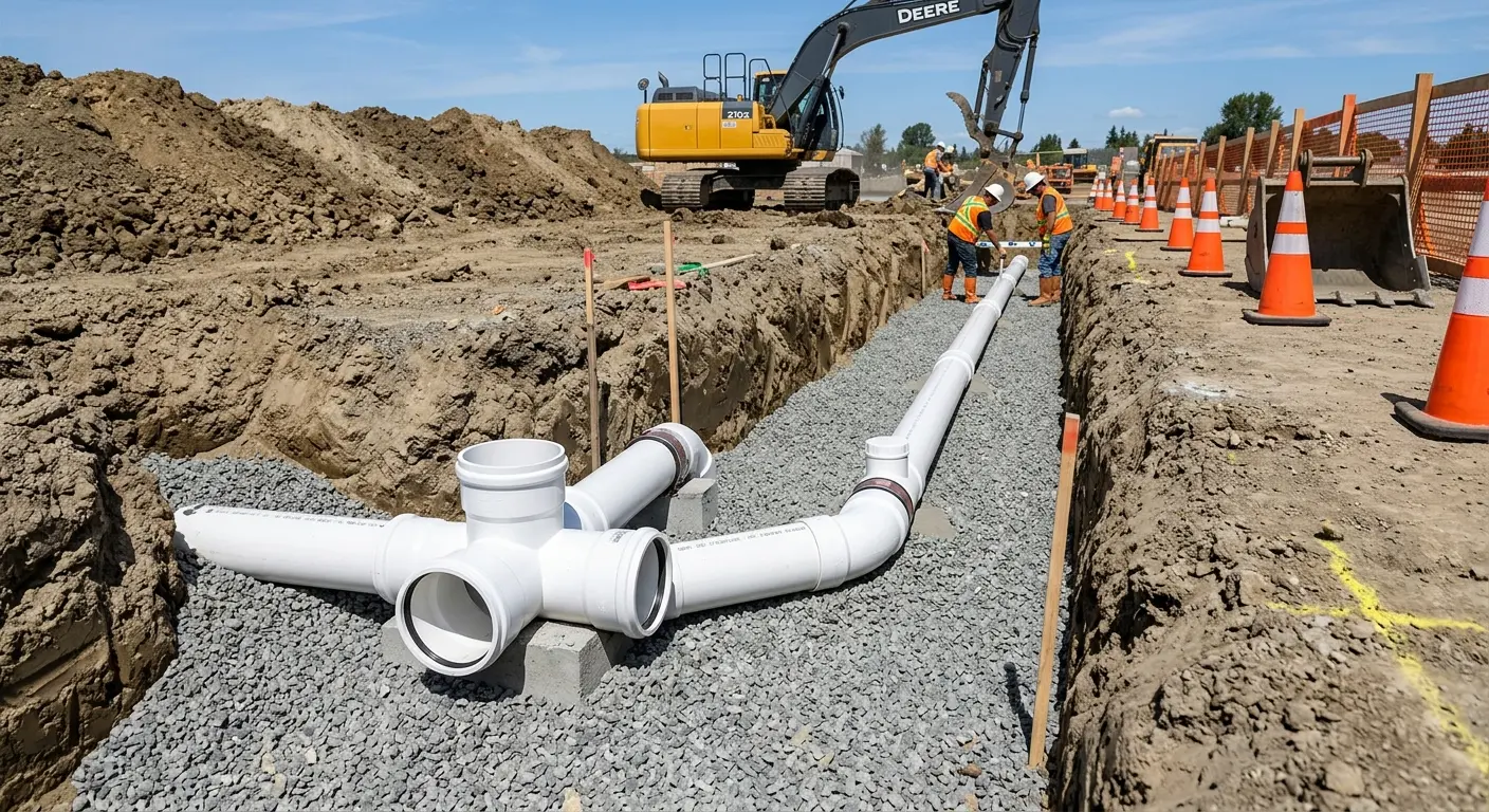 New PVC sewer pipe installation in open trench for Commercial Drain Cleaning in Bothell West