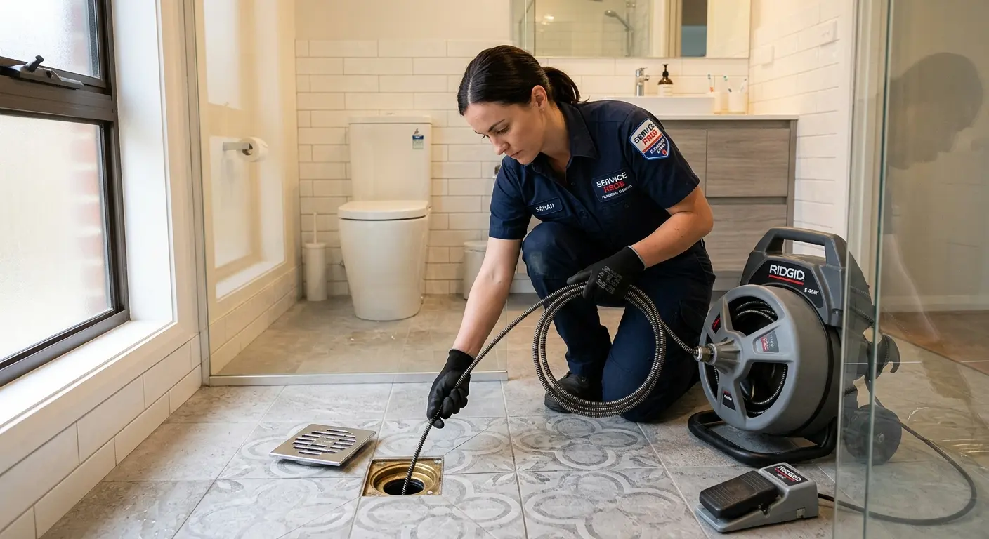Technician clearing a bathroom floor drain for Drain Cleaning in Bothell West